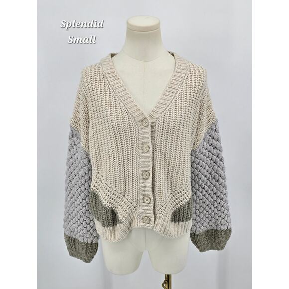 Splendid Margo Cardigan – Chunky Knit Colorblock Bubble Sleeve - Small - Picture 1 of 8